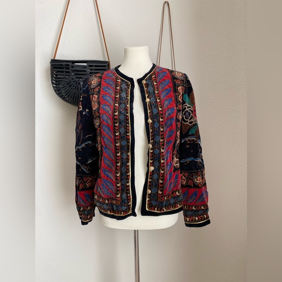 Johnny Was Jackets & Blazers - Vintage Made in Japan Saxton Hall Velvet Floral Peacock Boho Jacket, Size 13/14